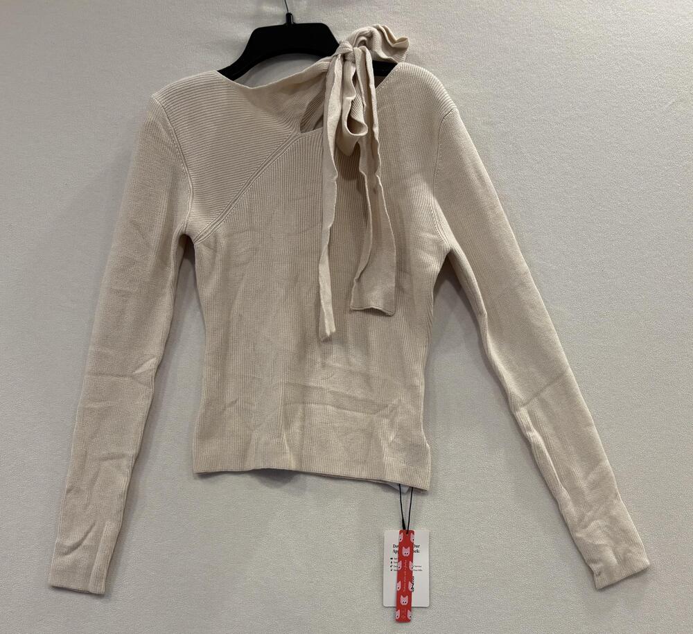 CIDER Sweater Womens Medium Beige Neck Bow Tie Cutout Pullover